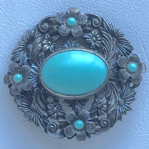ANTIQUE PASTE BROOCH PIN TURQUOISE SILVER GOOD CND - Picture 2 of 5